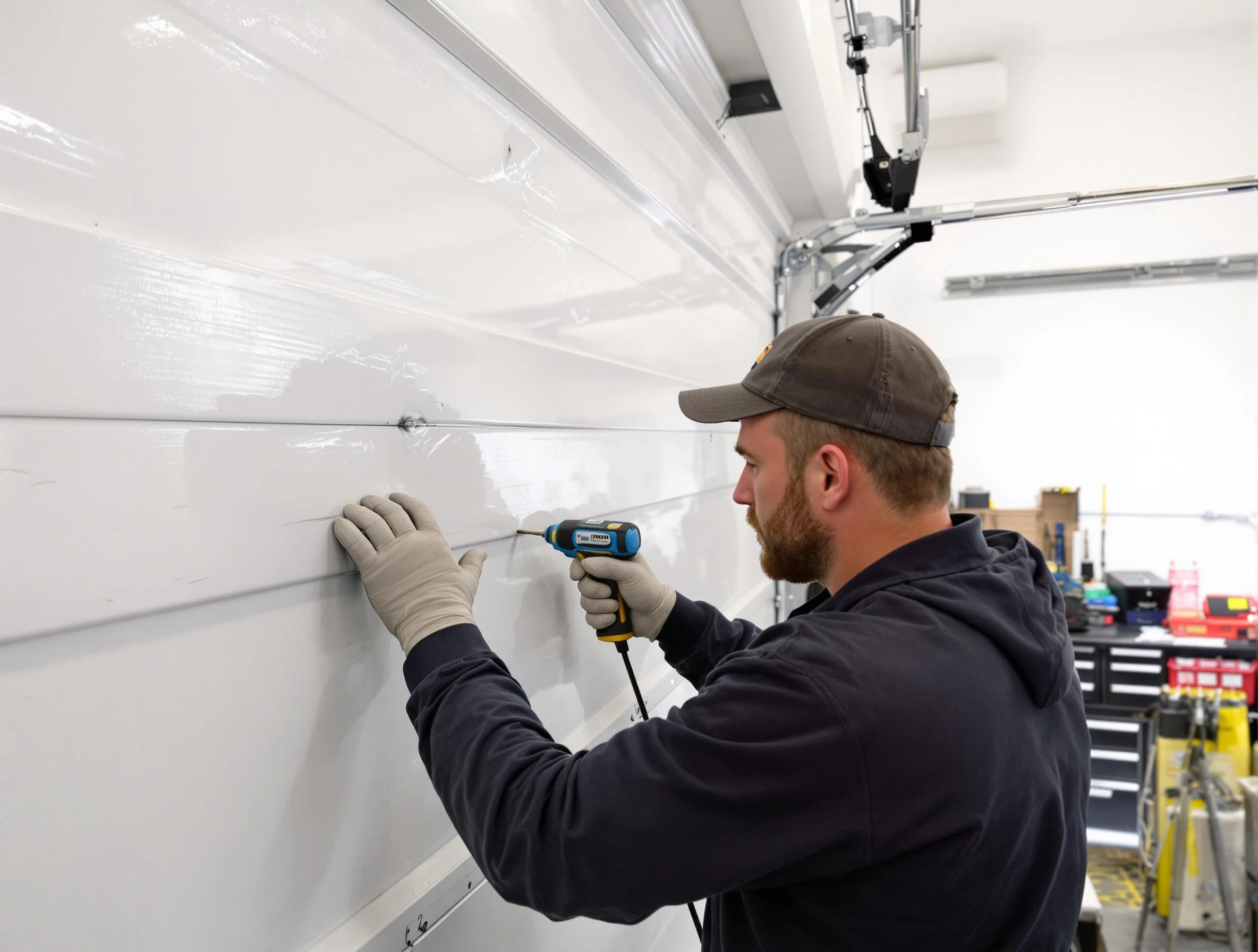 Fultondale Garage Door Repair technician demonstrating precision dent removal techniques on a Fultondale garage door